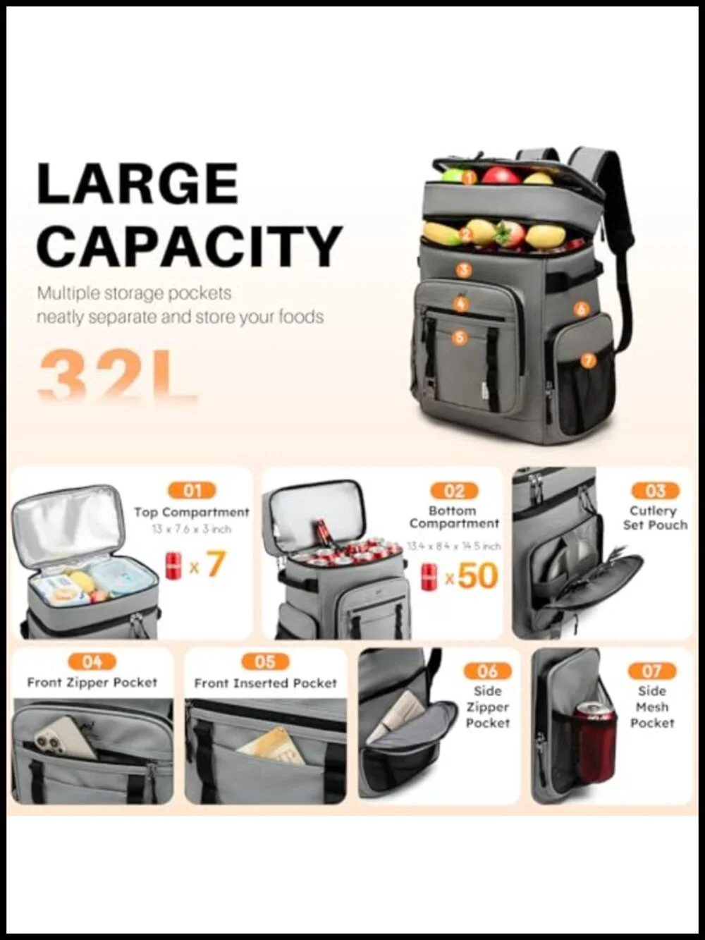 Insulated Backpack Cooler 32L Leak Proof Dual Compartment Picnic Hiking